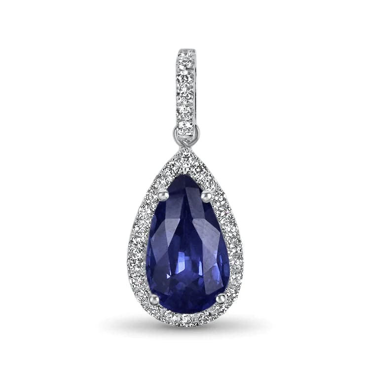 14k White Gold Pear Cut Ceylon Sapphire and Diamond Pendant