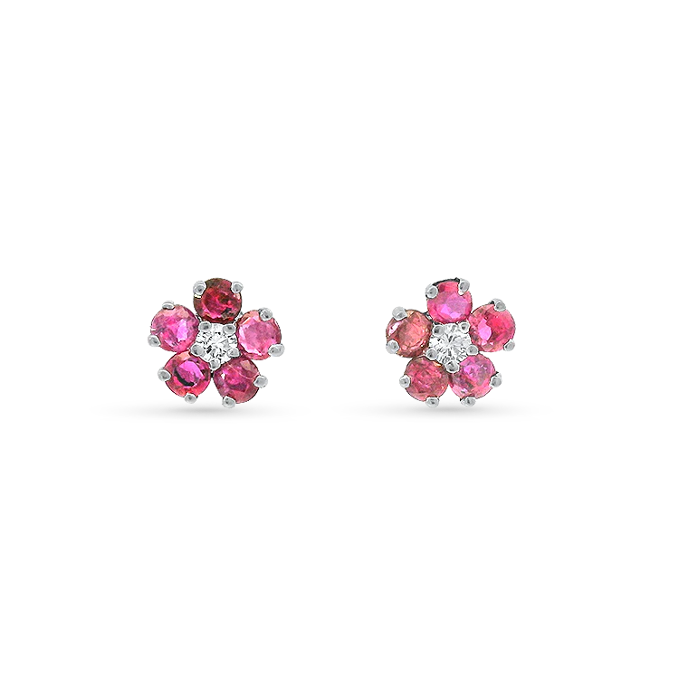 1870 Collection 14k White Gold Diamond and Ruby Flower Stud Earrings