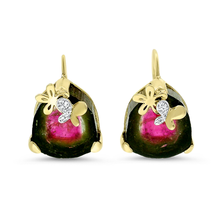 1870 Collection 14k Yellow Gold Watermelon Tourmaline and Diamond Drop Earrings