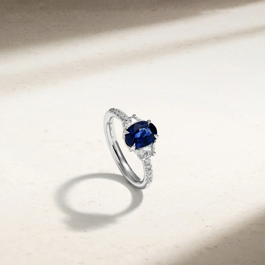 Mark Henry 18k White Gold Nouveau Three Stone Oval 1.80cts Sapphire and Diamond Ring