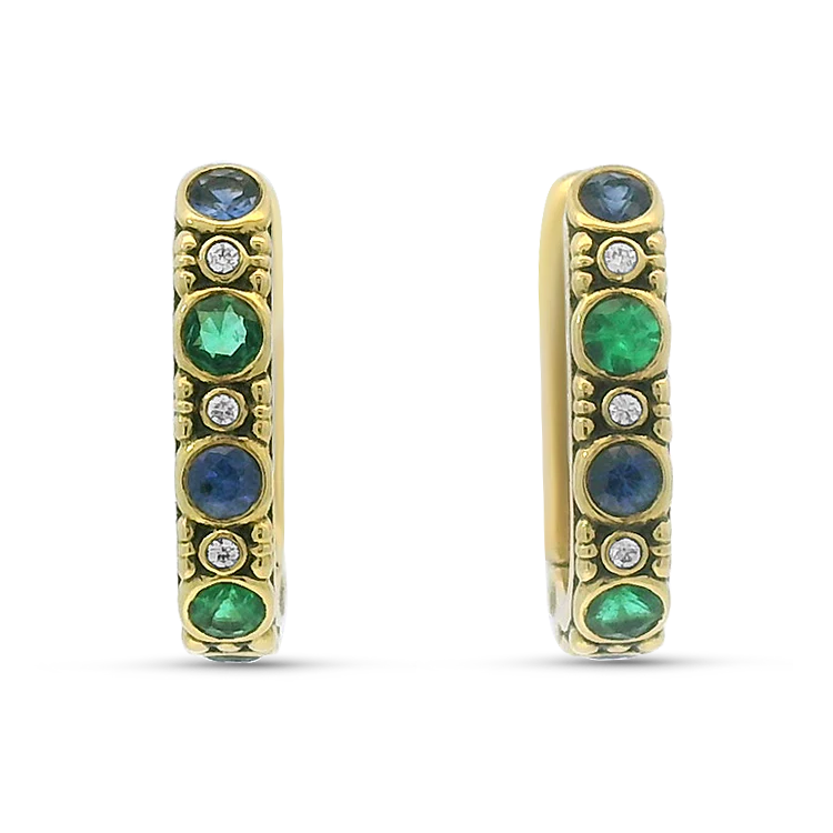 Alex Sepkus Estate 18K Yellow Gold Gemstone & Diamond Hoop Earrings