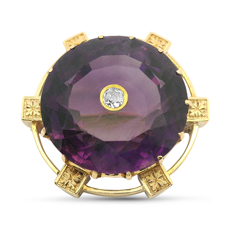 Antique 14k Yellow Gold Amethyst and Diamond Brooch