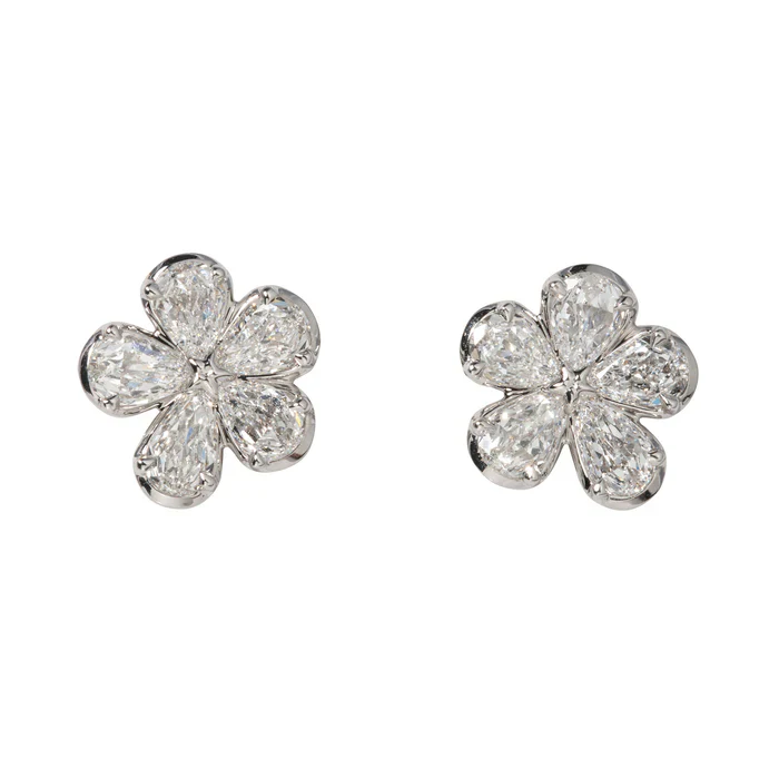 Christopher Designs 14k White Gold Pear Cut Diamond Flower Earrings