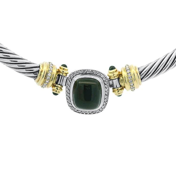 David Yurman Estate Sterling Silver and 18k Yellow Gold Onyx and Diamond Necklace