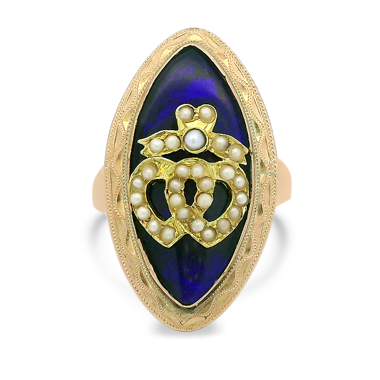 Estate 10k Yellow Gold Georgian Enamel and Seed Pearl Ring