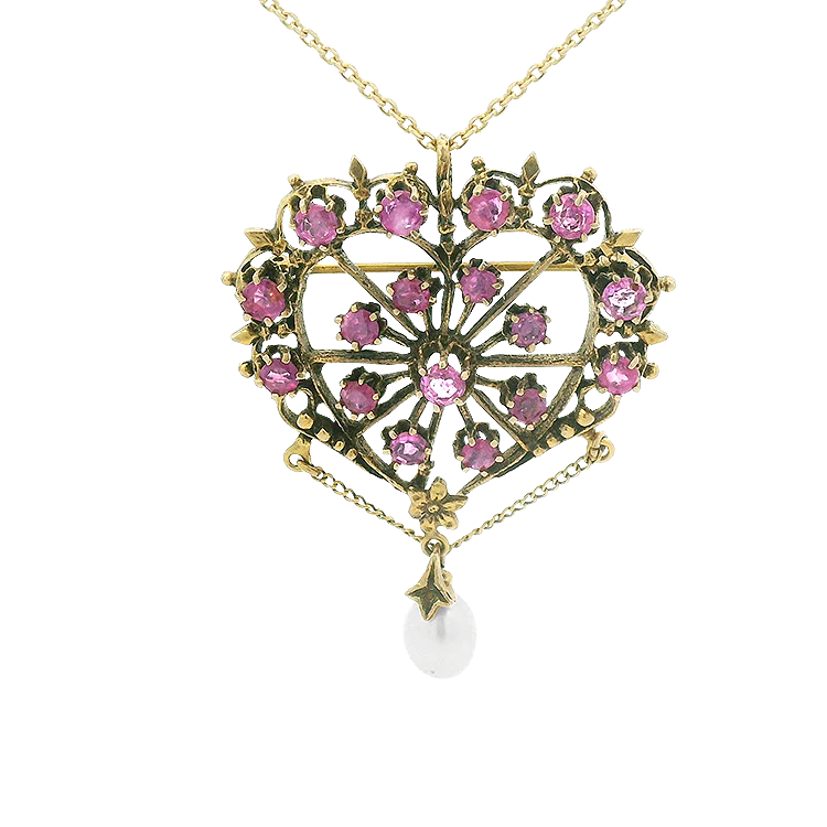 Estate 10k Yellow Gold Pink Sapphire and Pearl Heart Pendant/Brooch