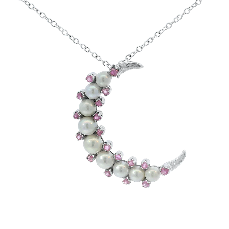 Estate 14/18k White Gold Pearl and Ruby Moon Necklace