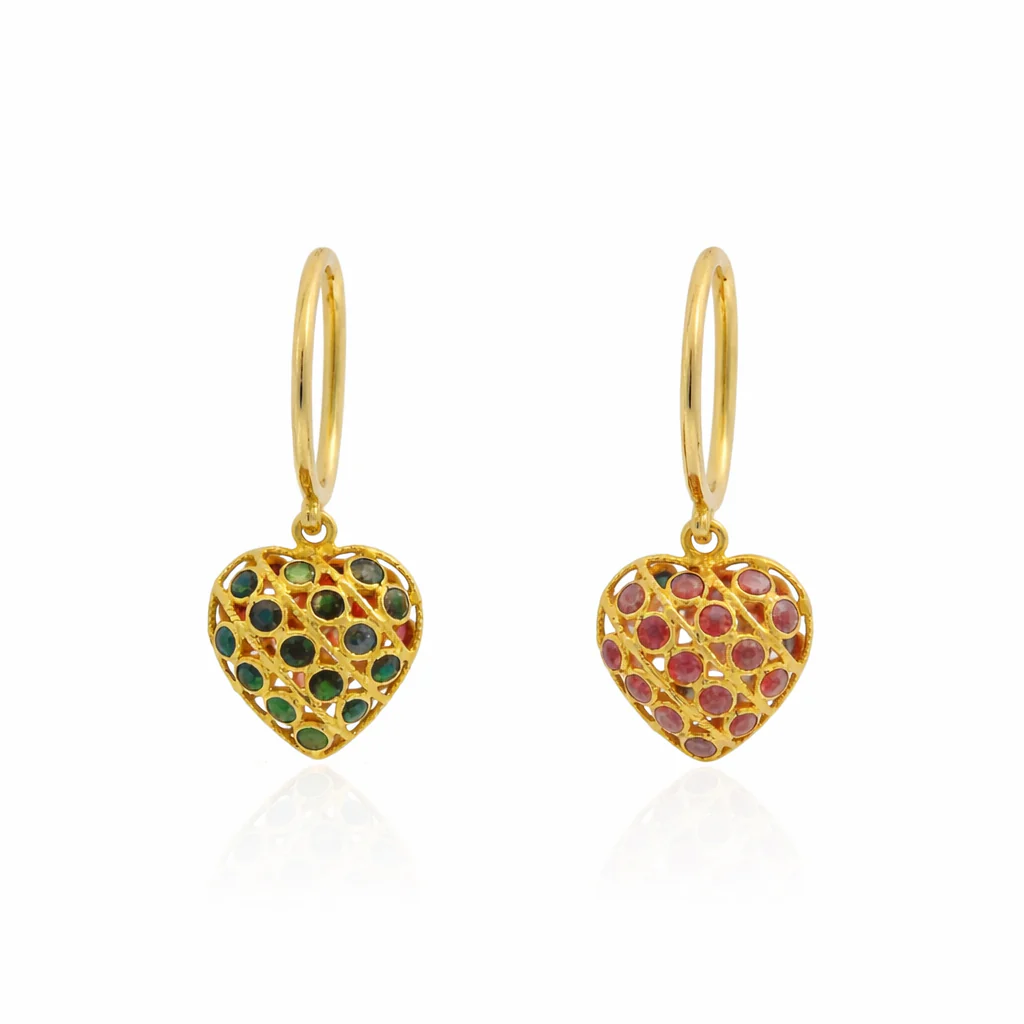 Estate 14/18K Yellow Gold Ruby & Sapphire Heart Dangle Earrings