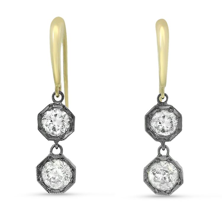 Estate 14K Two-Tone Gold Old European-Cut Diamond Dangle Earrings