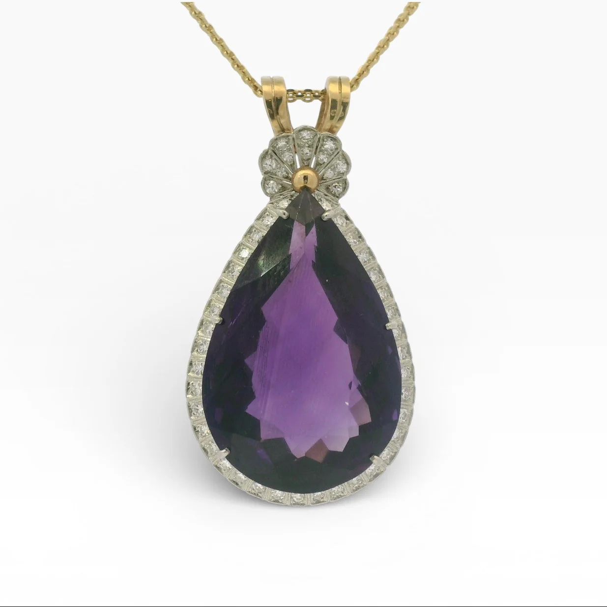 Estate 14K Two-Tone Pear-Shaped Amethyst & Diamond Pendant