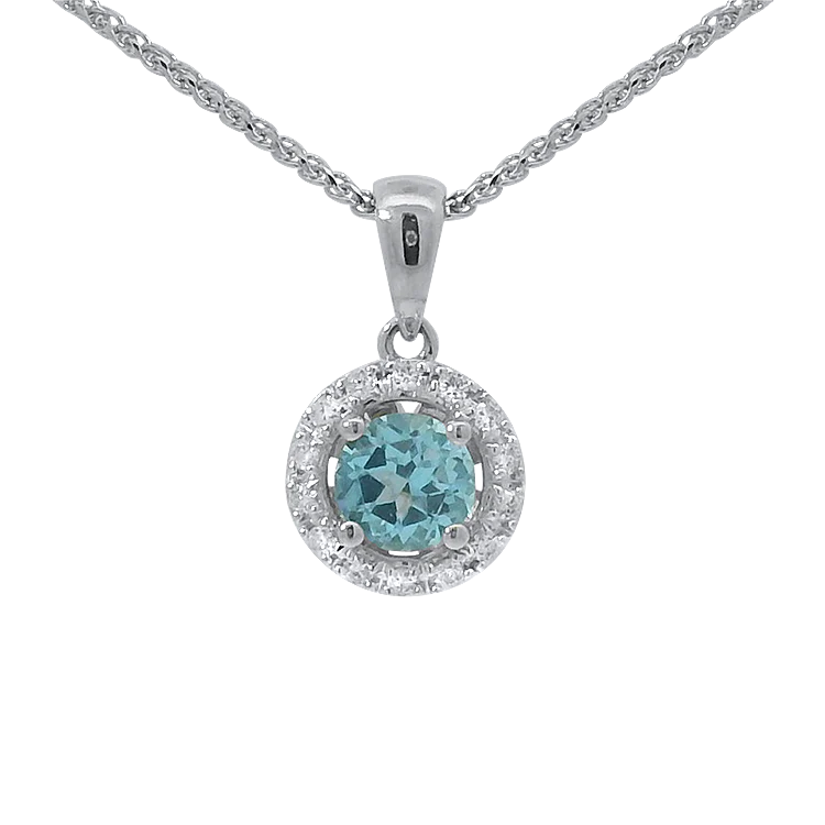 Estate 14K White Gold Blue Topaz & Diamond Halo Pendant Necklace