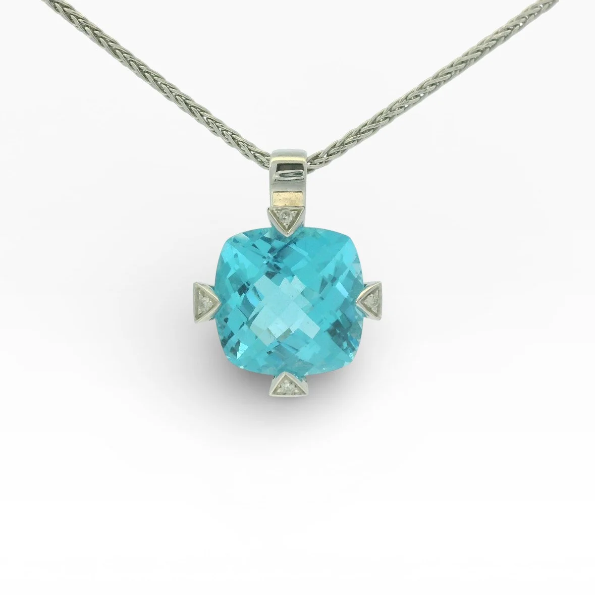 Estate 14K White Gold Cushion-Cut Blue Topaz & Diamond Necklace