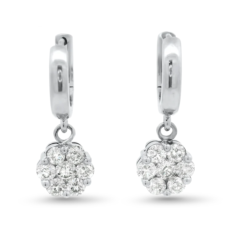 Estate 14k White Gold Floral Diamond Cluster Drop Earrings