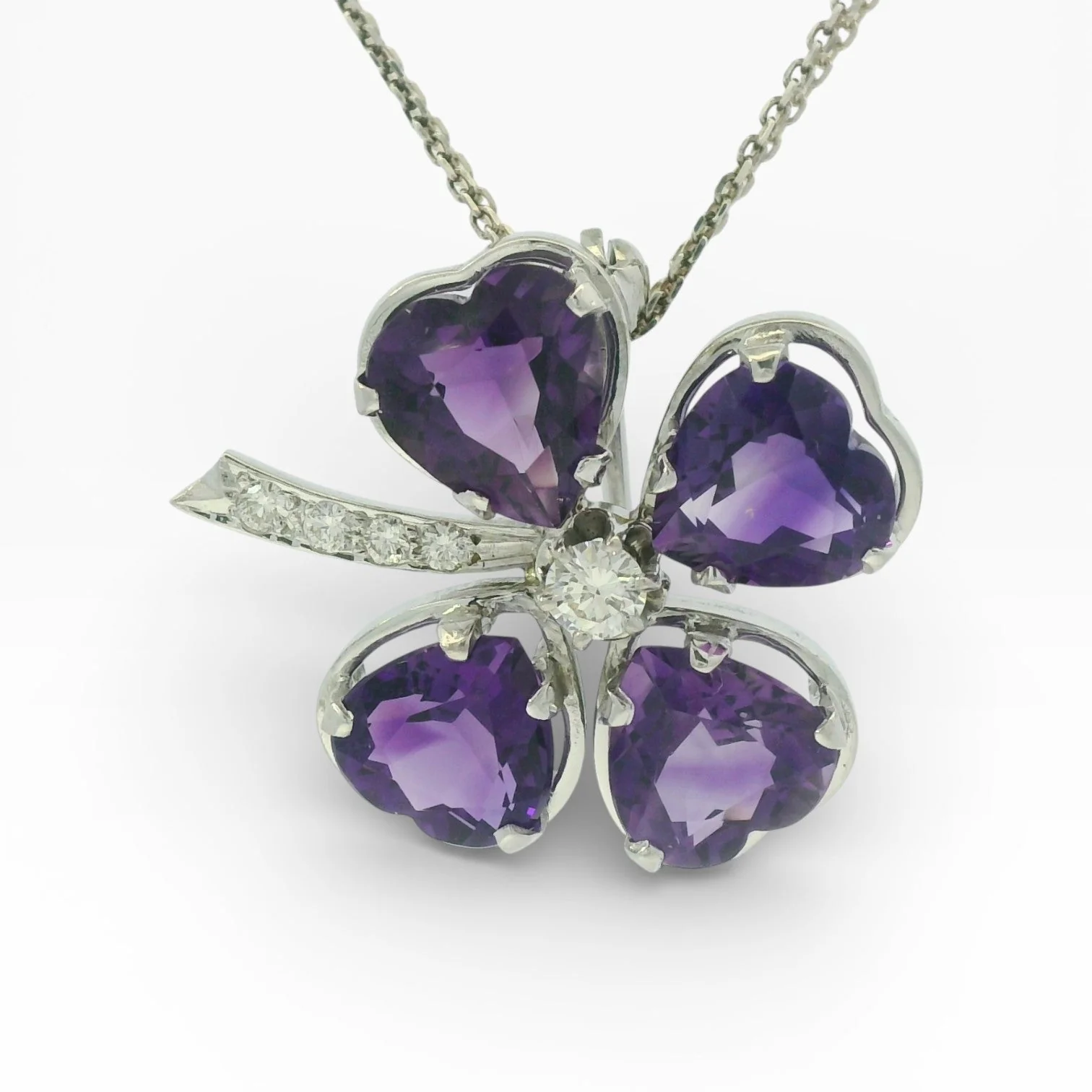 Estate 14K White Gold Heart Shaped Amethyst Clover Pin