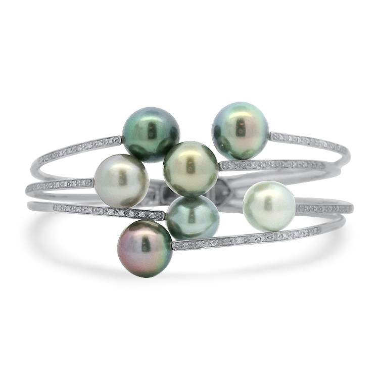 Estate 14k White Gold Hinged Cuff Bracelet with Grey Pearls & Diamonds