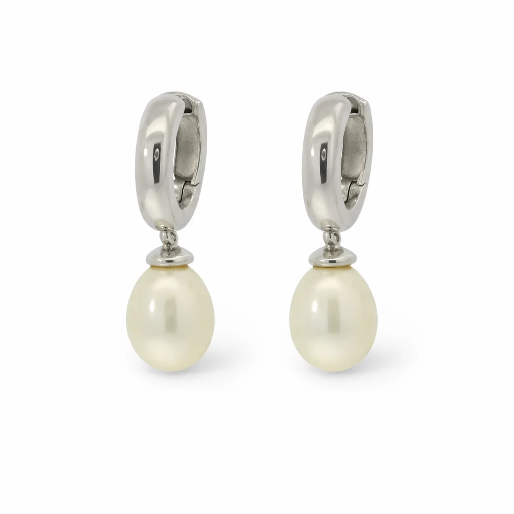 Estate 14K White Gold Pearl Huggie Drop Earrings