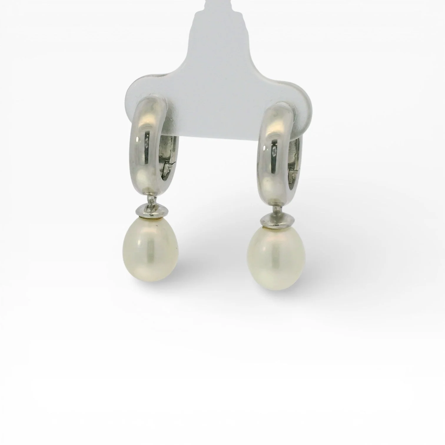 Estate 14K White Gold Pearl Huggie Drop Earrings - Image 3