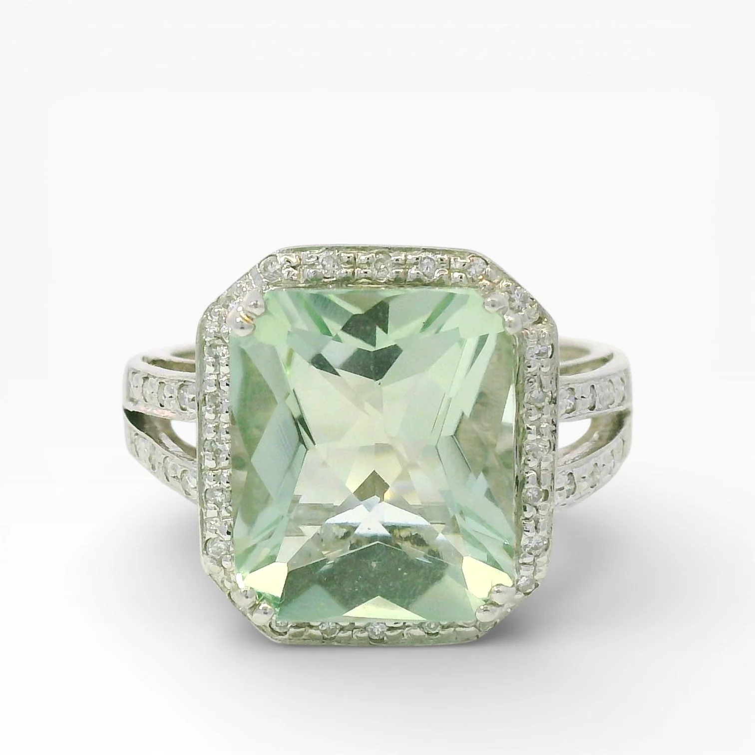 Estate 14K White Gold Prasiolite & Diamond Ring