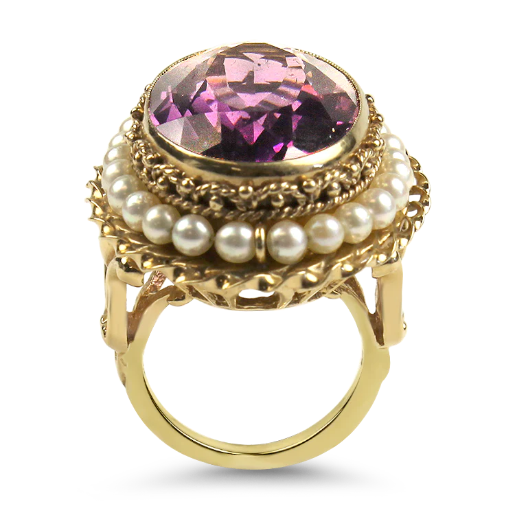 Estate 14k Yellow Gold Amethyst and Pearl Ring - Image 2