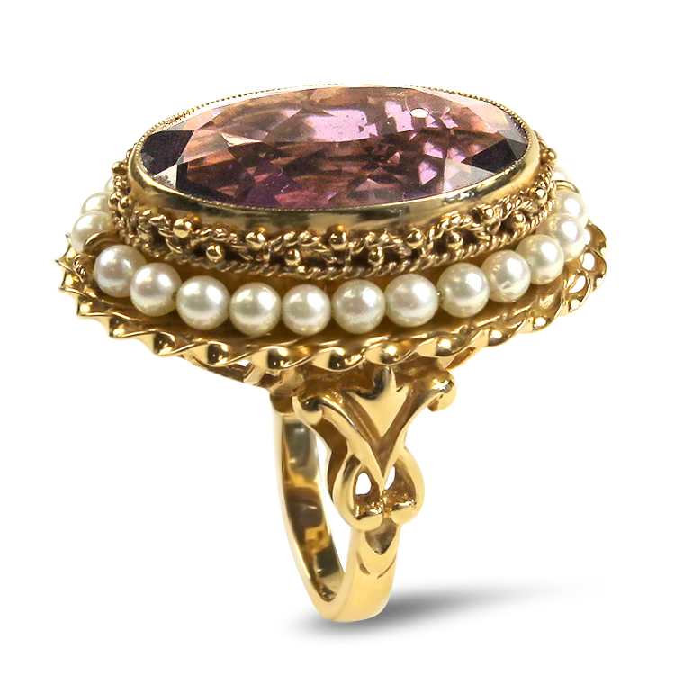 Estate 14k Yellow Gold Amethyst and Pearl Ring - Image 3