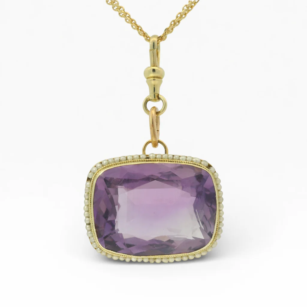 Estate 14K Yellow Gold Amethyst & Seed Pearl Pendant