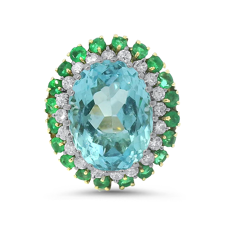 Estate 14K Yellow Gold Blue Topaz, Emerald & Diamond Double-Halo Ring