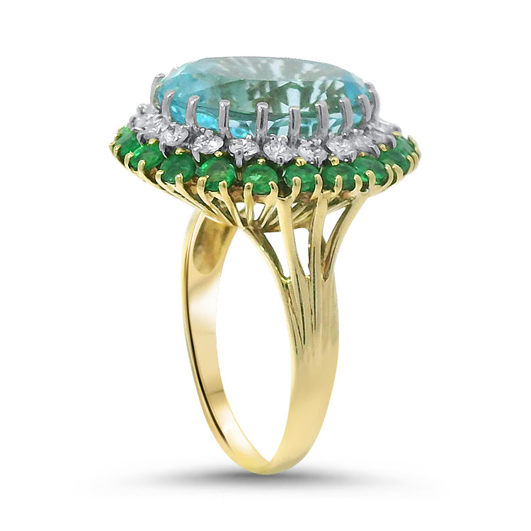 Estate 14K Yellow Gold Blue Topaz, Emerald & Diamond Double-Halo Ring - Image 2