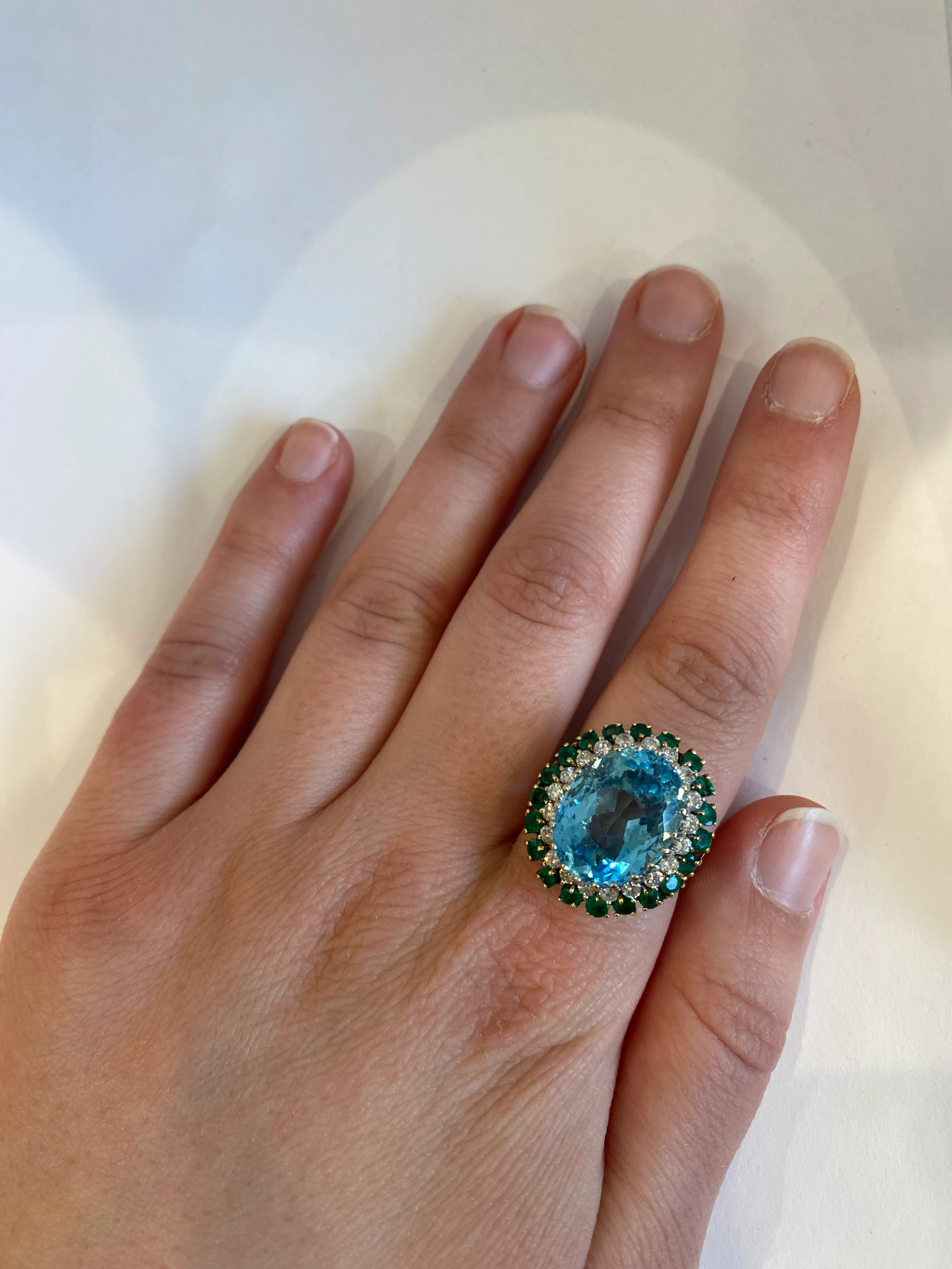 Estate 14K Yellow Gold Blue Topaz, Emerald & Diamond Double-Halo Ring - Image 3