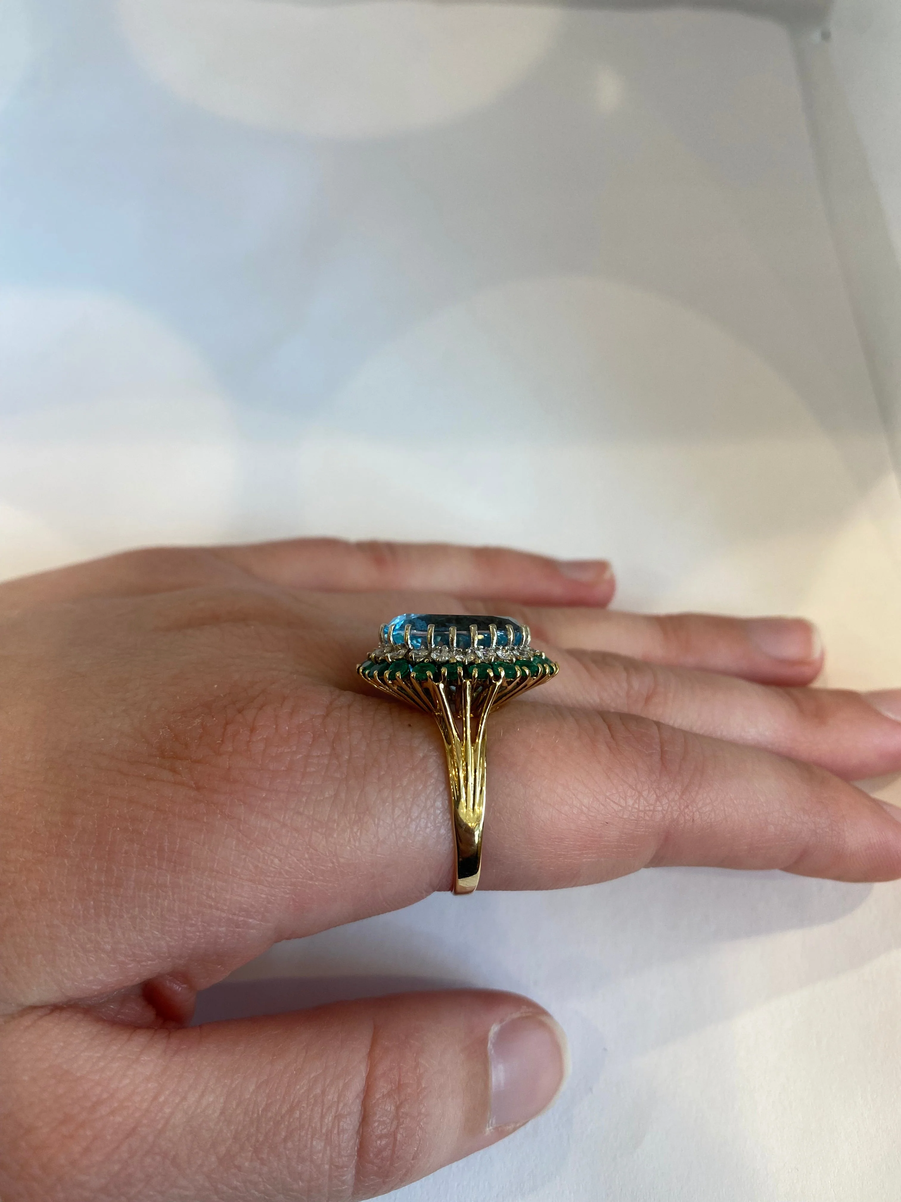 Estate 14K Yellow Gold Blue Topaz, Emerald & Diamond Double-Halo Ring - Image 4