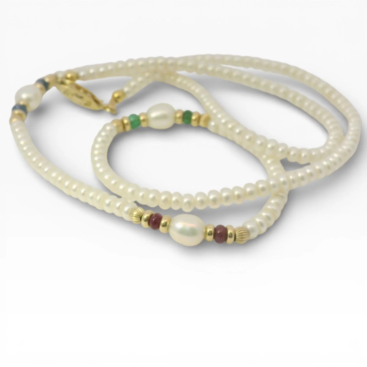 Estate 14K Yellow Gold Cultured Pearl & Gemstone Necklace
