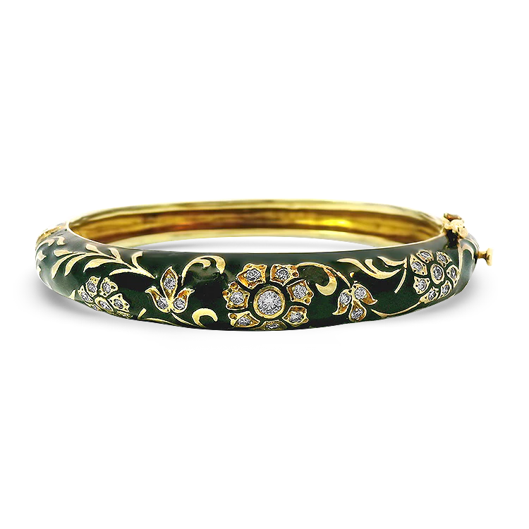 Estate 14K Yellow Gold Diamond & Enamel Bangle Bracelet