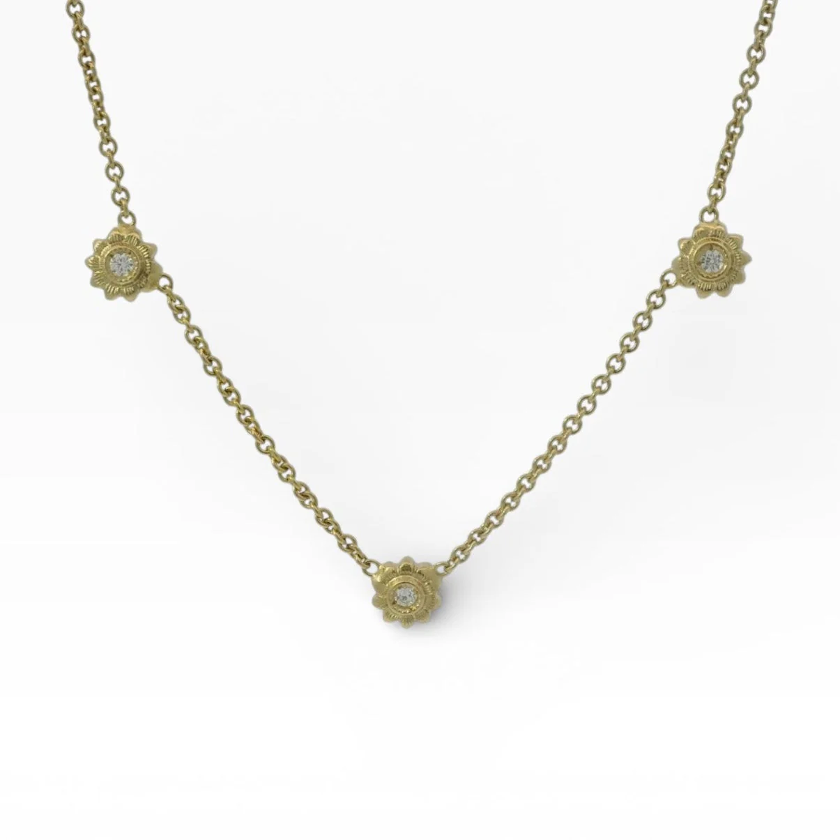 Estate 14K Yellow Gold Diamond Floral Station Necklace