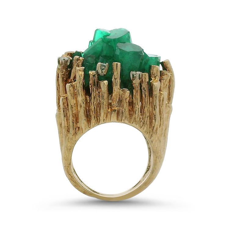 Estate 14k Yellow Gold Emerald-Cut Chatham Crystal Emerald & Diamond Ring