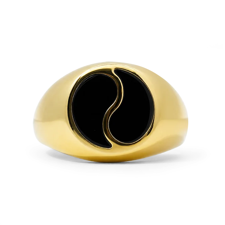 Estate 14K Yellow Gold Enamel Yin-Yang Signet Ring