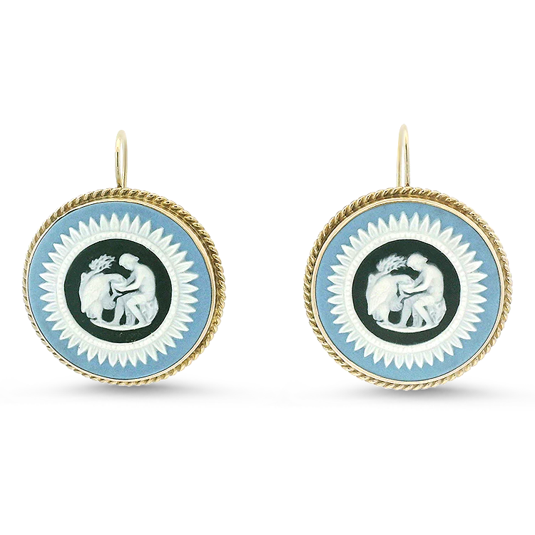 Estate 14K Yellow Gold Jasperware Cameo Drop Earrings