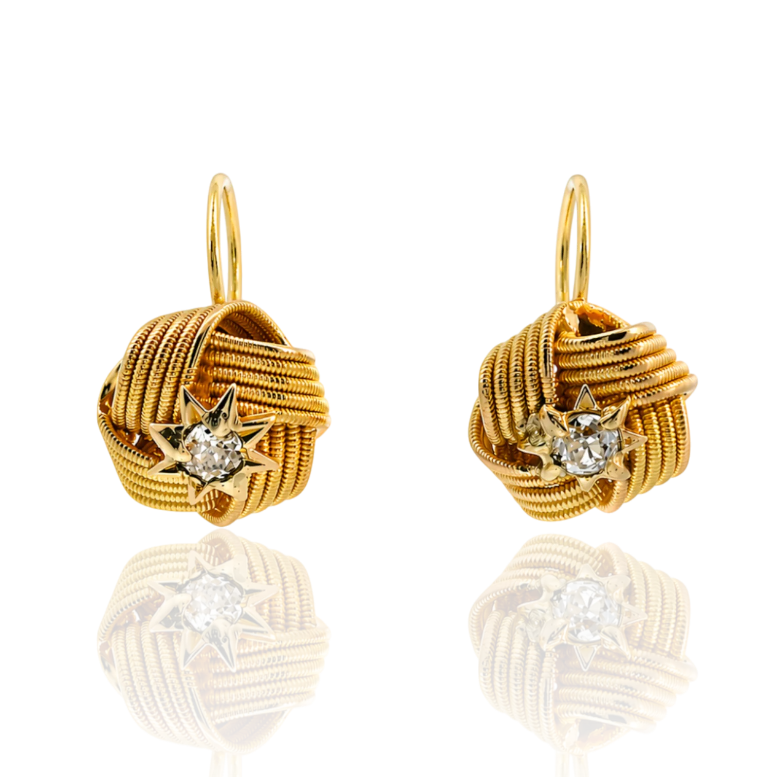 Estate 14K Yellow Gold Love Knot Diamond Drop Earrings