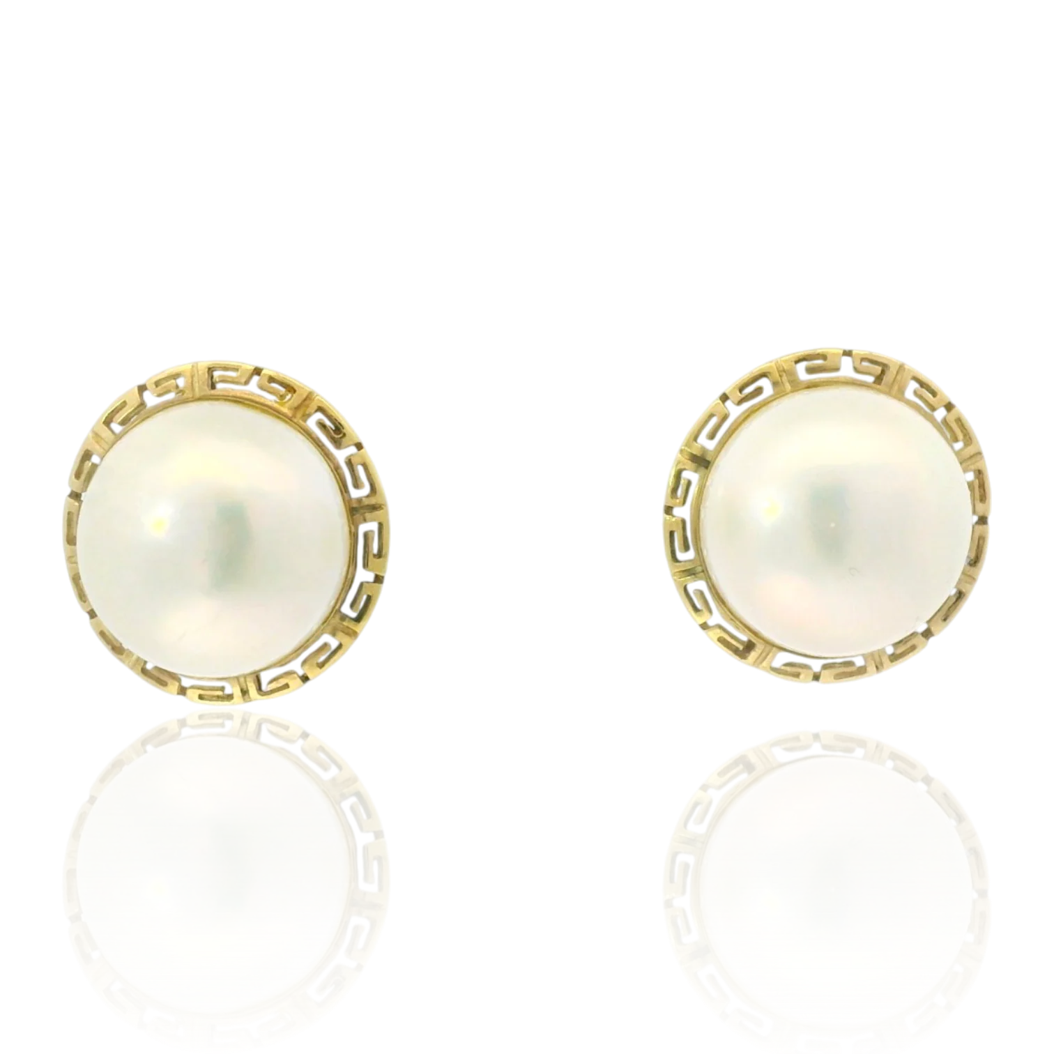 Estate 14K Yellow Gold Mabe Pearl Earrings with Greek Key Halo