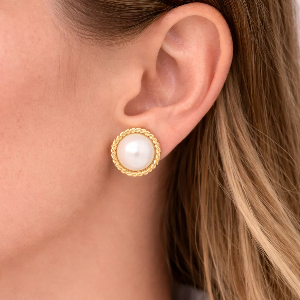 Estate 14K Yellow Gold Mabe Pearl Rope-Detail Stud Earrings - Image 2
