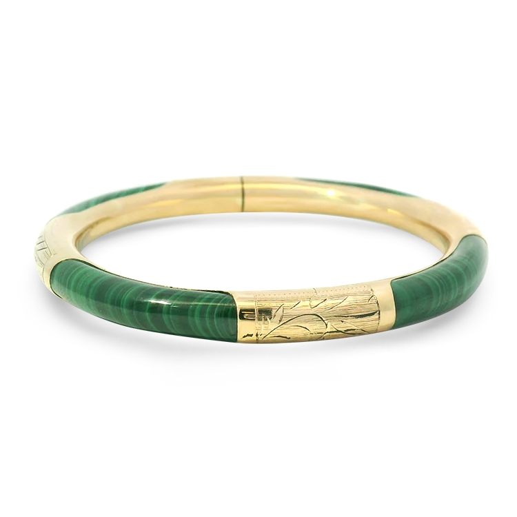 Estate 14K Yellow Gold Malachite Hinged Bangle Bracelet