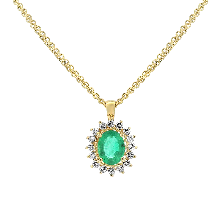 Estate 14k Yellow Gold Oval 1.56cts Emerald Diamond Halo Pendant