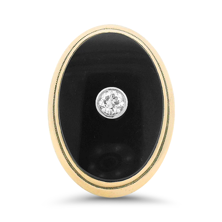 Estate 14k Yellow Gold Oval Onyx & Old European Cut Diamond Ring