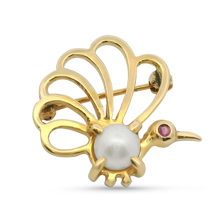 Estate 14k Yellow Gold Pearl & Ruby Peacock Brooch