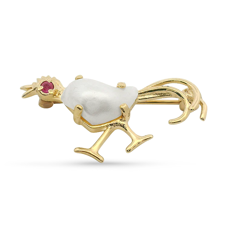 Estate 14k Yellow Gold Pearl & Ruby Rooster Brooch