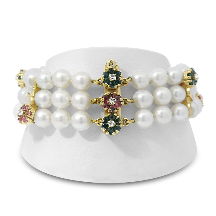 Estate 14K Yellow Gold Pearl, Ruby, Sapphire & Diamond Three-Strand Bracelet