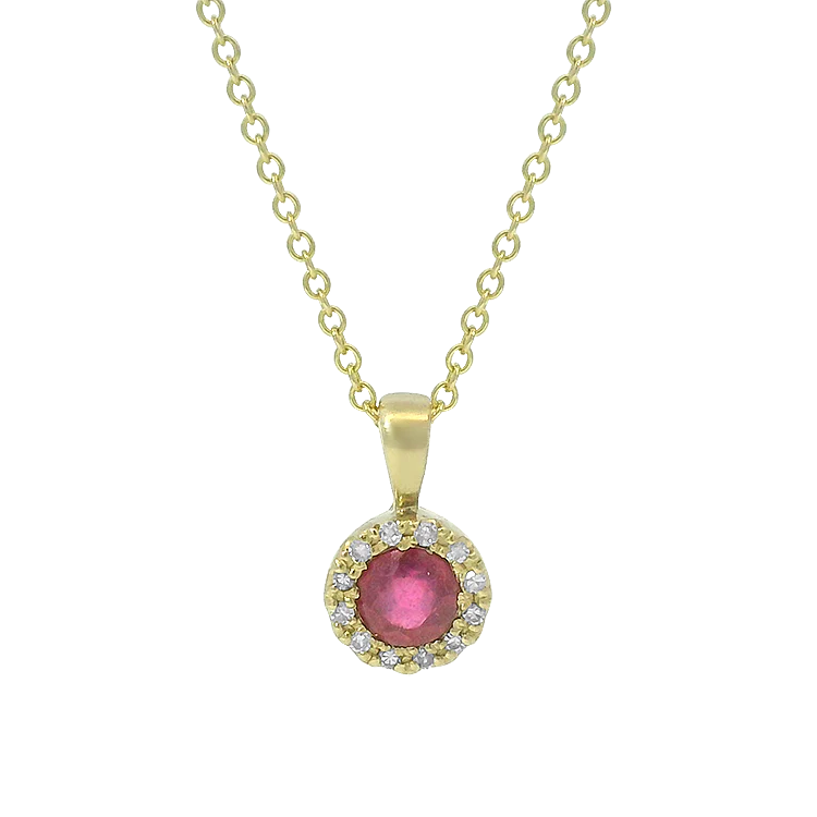 Estate 14K Yellow Gold Ruby & Diamond Halo Necklace