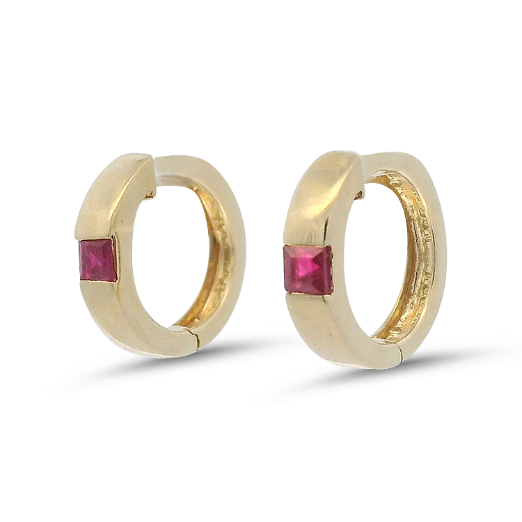 Estate 14k Yellow Gold Ruby Huggie Hoop Earrings