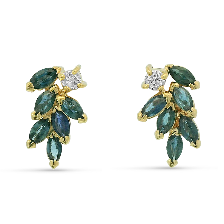 Estate 14K Yellow Gold Sapphire & Diamond Stud Earrings