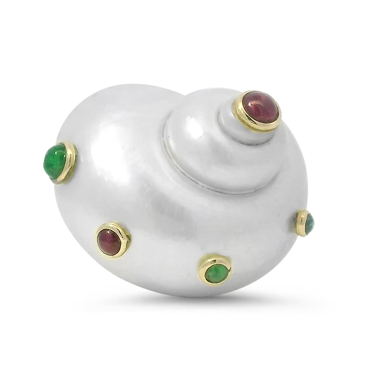 Estate 14K Yellow Gold Turbo Shell & Cabochon Gemstone Ring