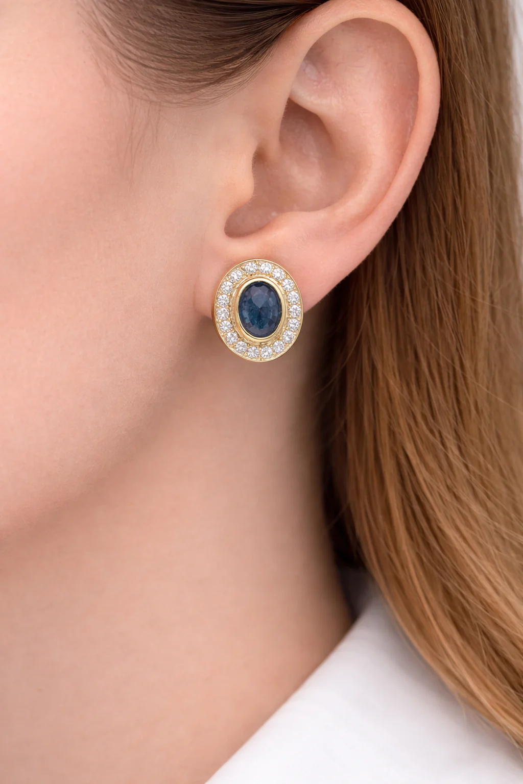 Estate 18K Two-Tone Gold Sapphire & Diamond Omega-Back Earrings - Image 2