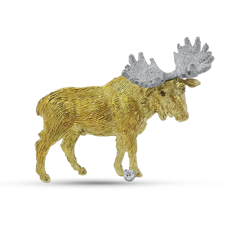 Estate 18k Two-Tone Gold Textured Moose Pendant with Ruby & Diamond Accents
